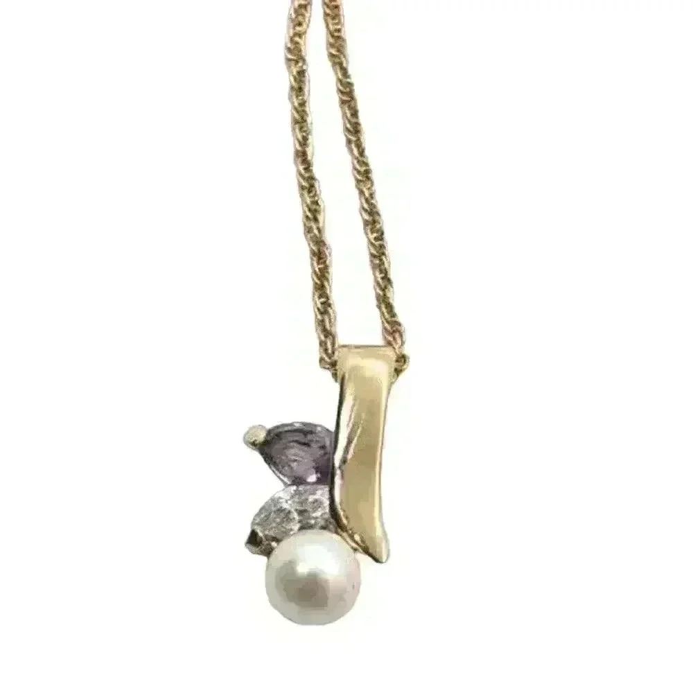 Gold Necklace Genuine Pearl & Amethyst 10k Electroplate CZ Accent Pendant